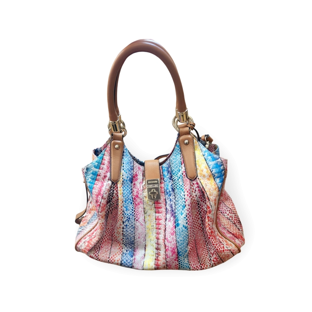 Brahmin Elisa Leather Satchel Bag Snake Print Rainbow Beige Long Strap Charm - Picture 2 of 16